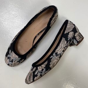 ZARA tapestry black floral print pink chunky block heel